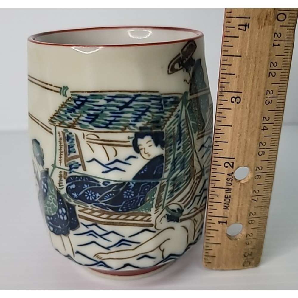 Japanese Mid Century Stoneware Yunomi Sushi Tea Cup 3 3/4" Rowing Emperor RARE - Picture 6 of 7
